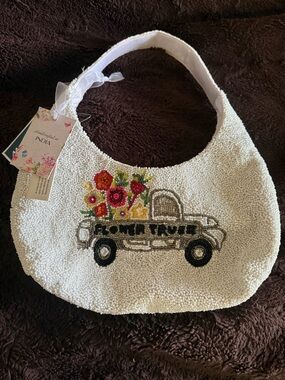 **** Viral****White Beaded Hobo Bag with Floral Truck Embroidery